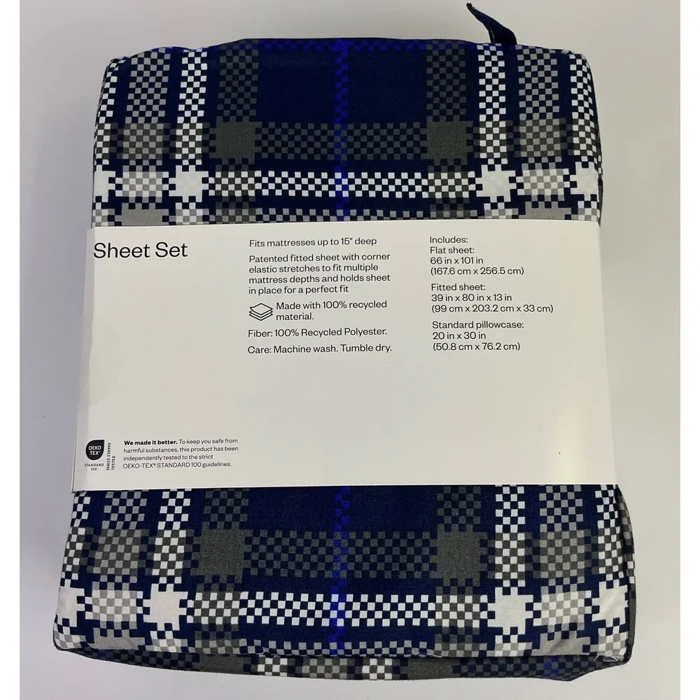 Room Essentials Twin XL Microfiber Sheet‎ Set Navy Blue Plaid Bedding NEW Soft